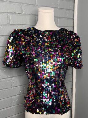 Vintage Lillie Rubin Multicolor Iridescent Sequin Short Sleeve Top Size Small